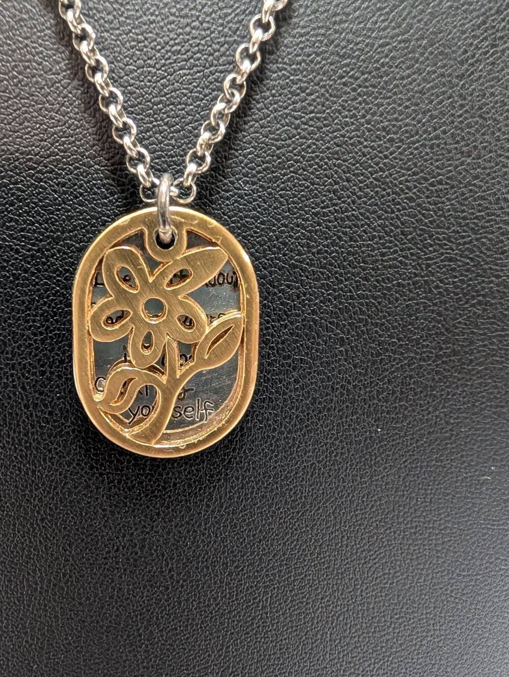 Brighton Necklace Silver Tone Rolo Chain Gold Tone Floral Pendant Quote Dog Tag